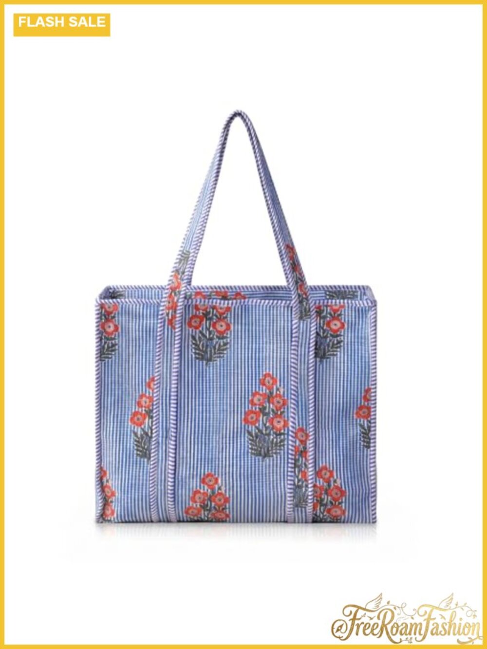 100% Cotton Quilted Tote Bag Floral Hand Block Print Women Large Zip